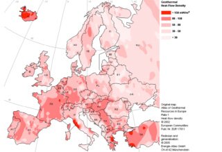 Geothermal heat flow density in Europe.